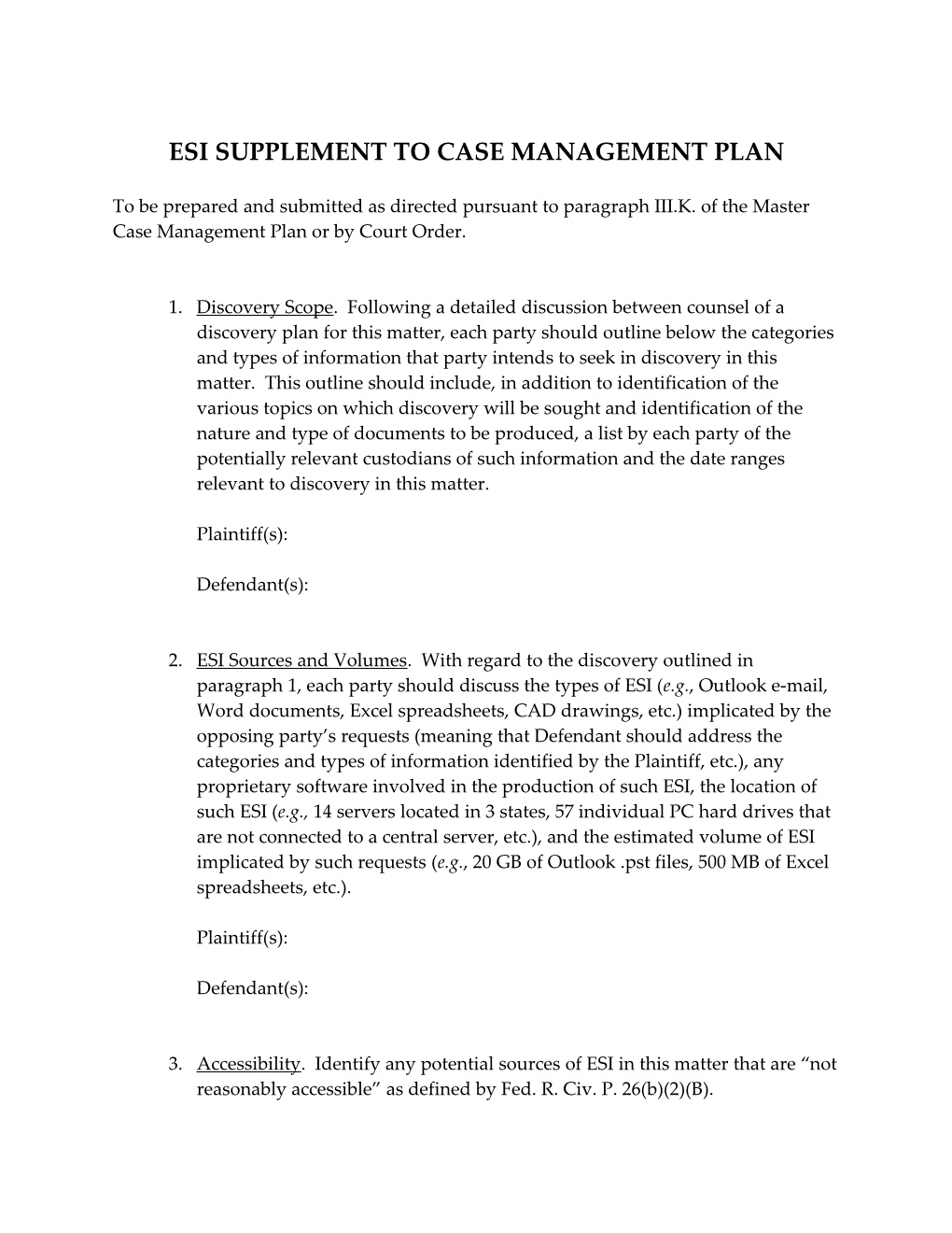 Esi Supplement to Case Management Plan