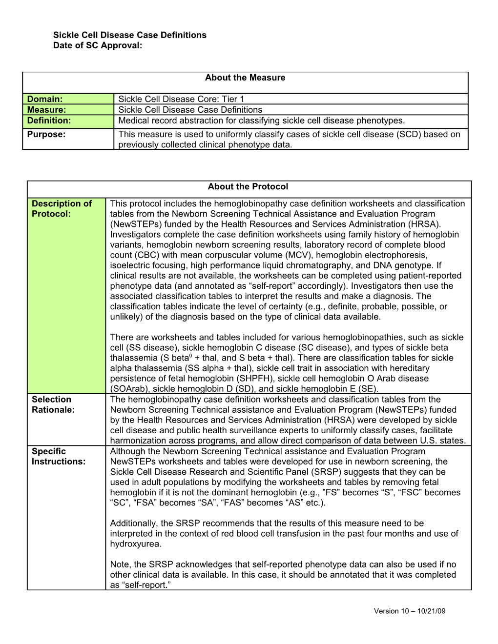 Sickle Cell Disease Case Definitions