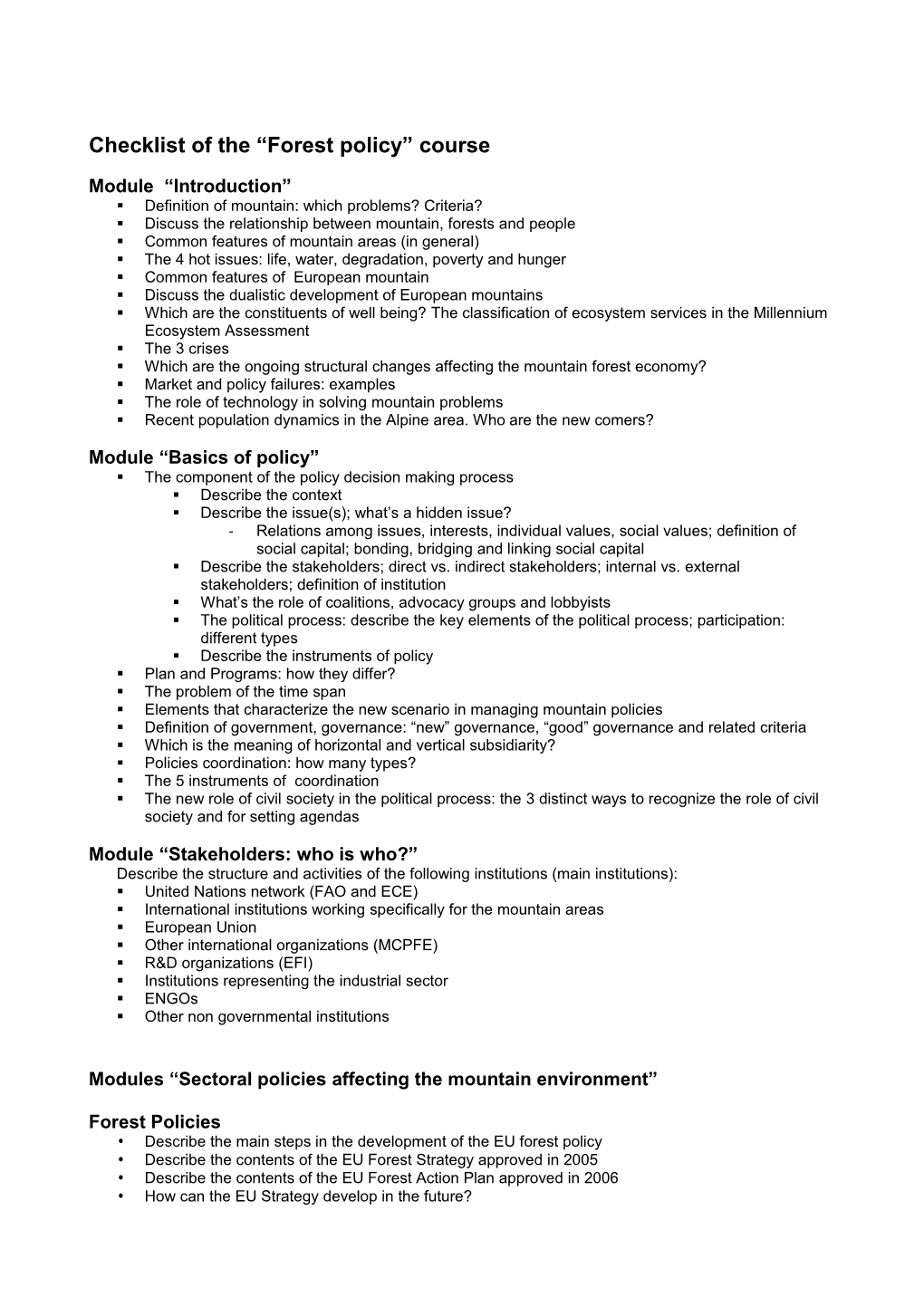 Checklist of the Forest Policy Course