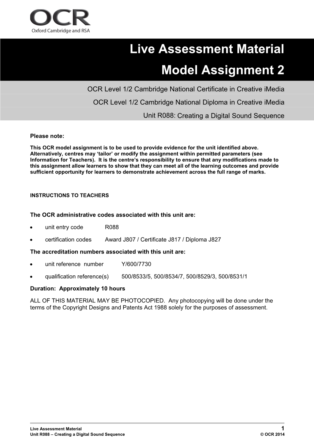 Unit R088 - Creating a Digital Sound Sequence - Model Assignment 2
