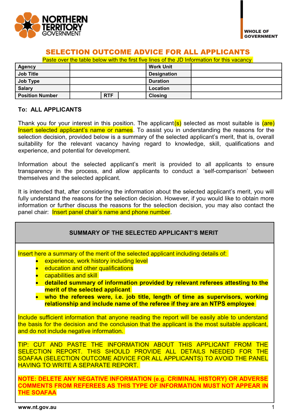 Selected Outcome Advice for All Applicants