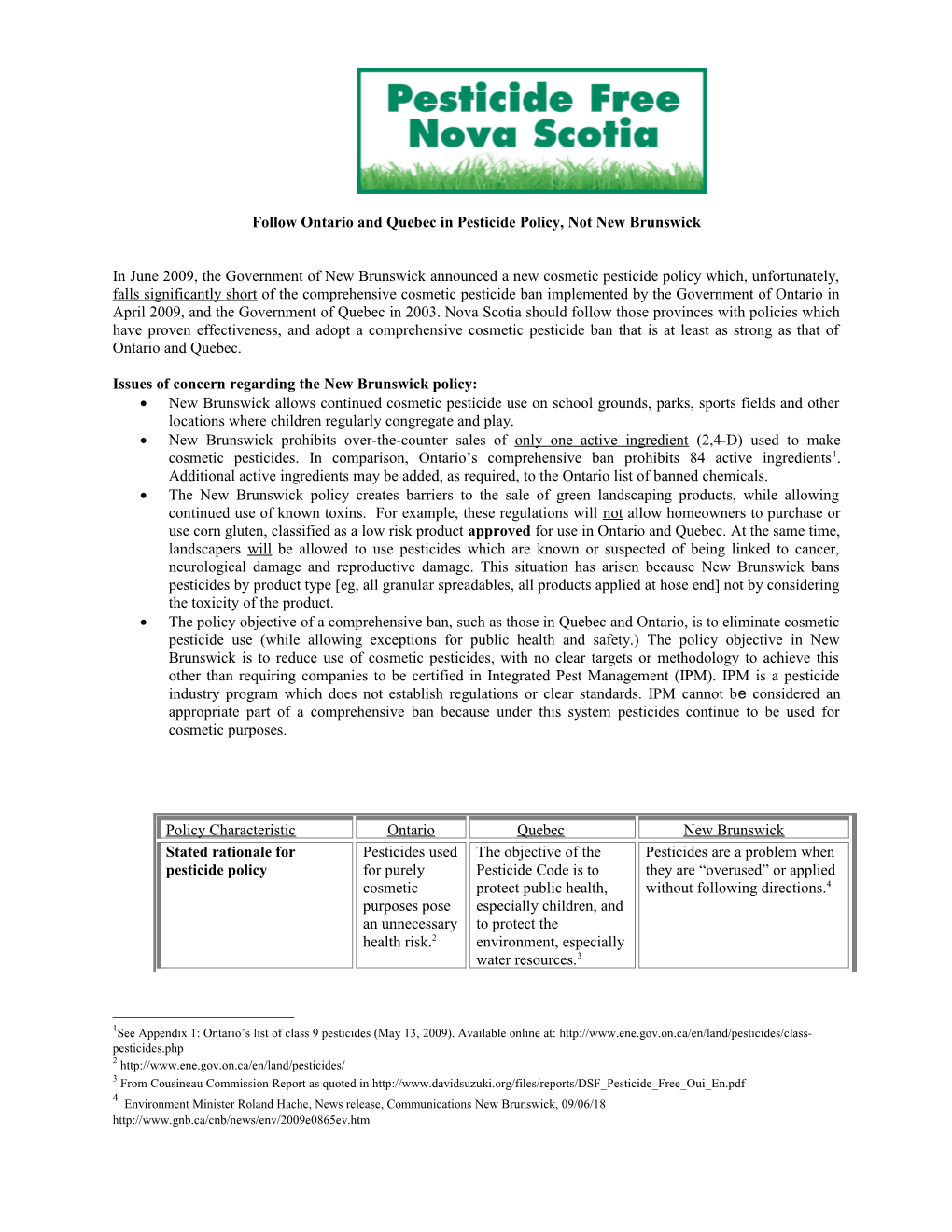 Cosmetic Pesticide Legislation in New Brunswick Vs