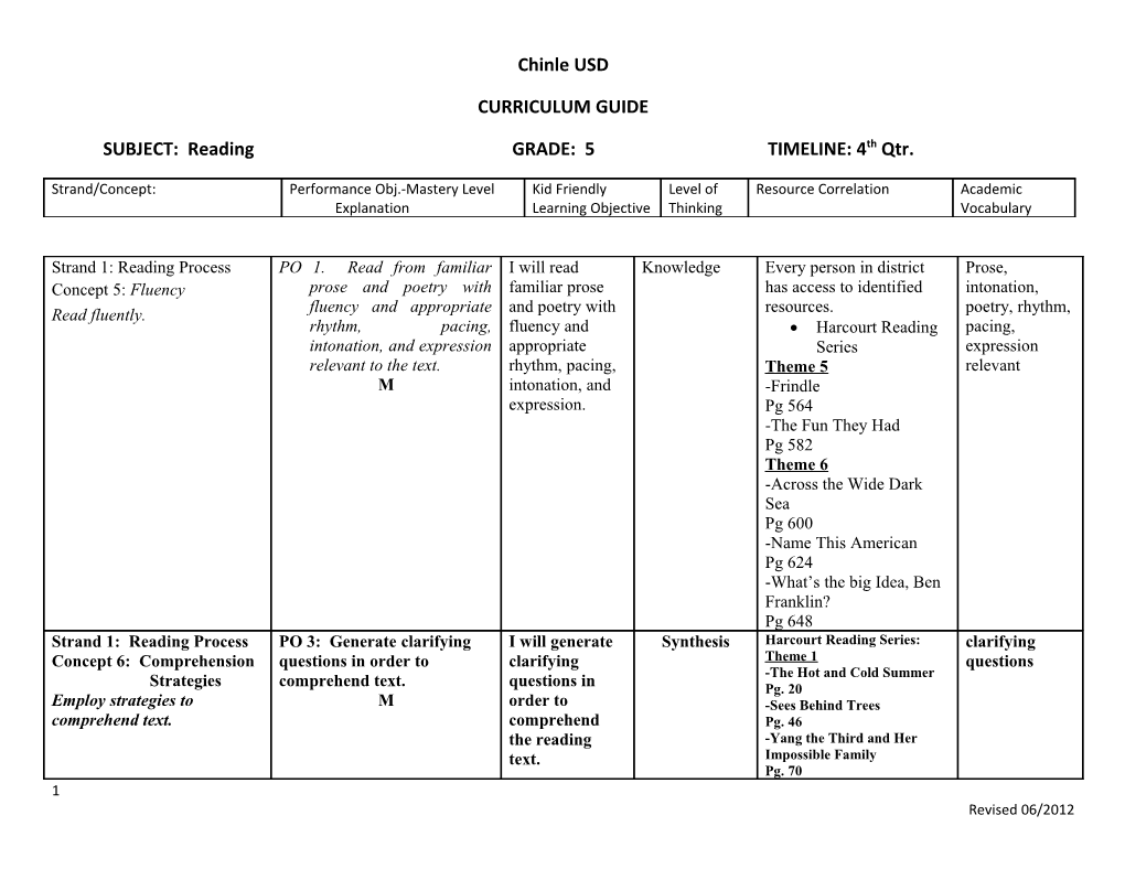 SUBJECT: Readinggrade: 5TIMELINE: 4Th Qtr