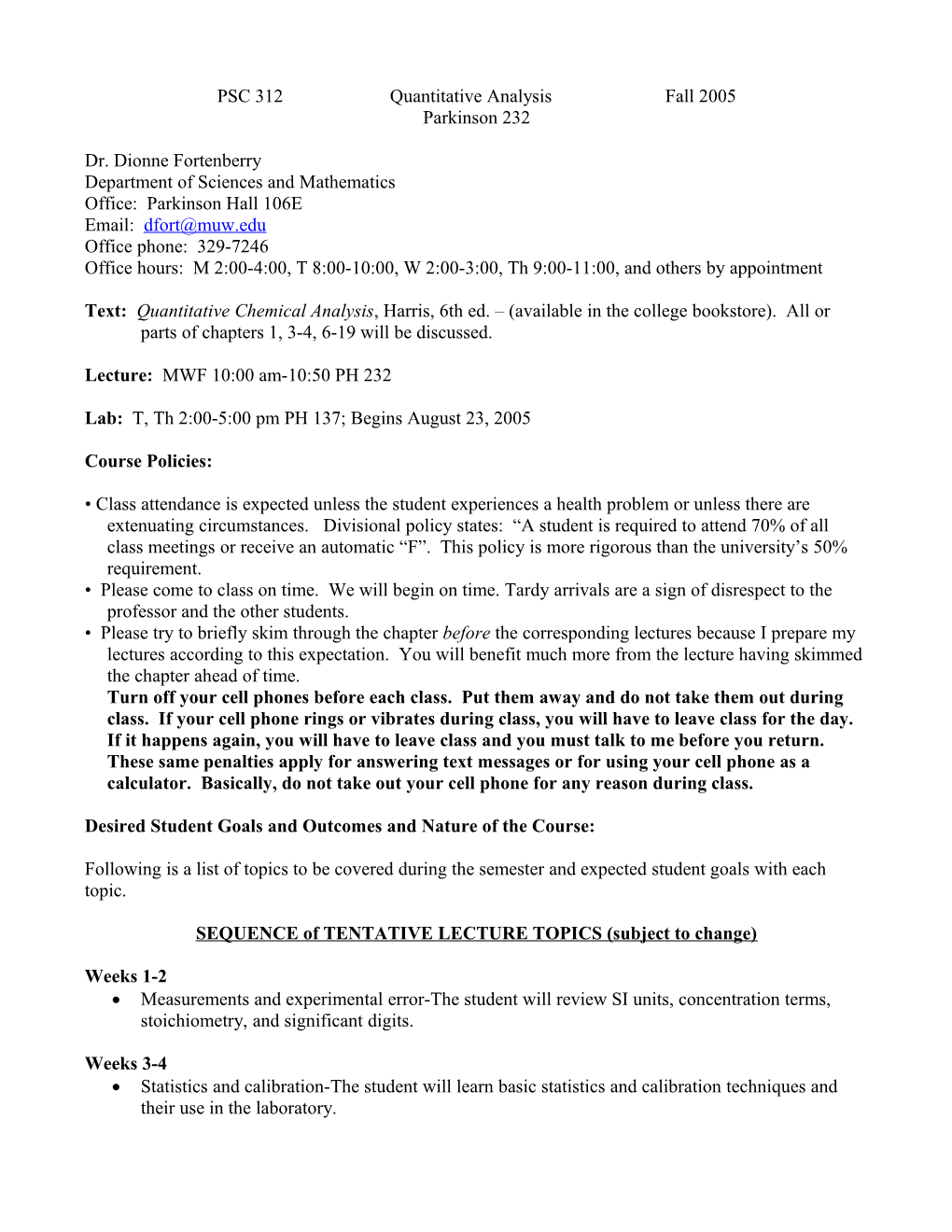 PSC 312 Quantitative Analysisfall 2005