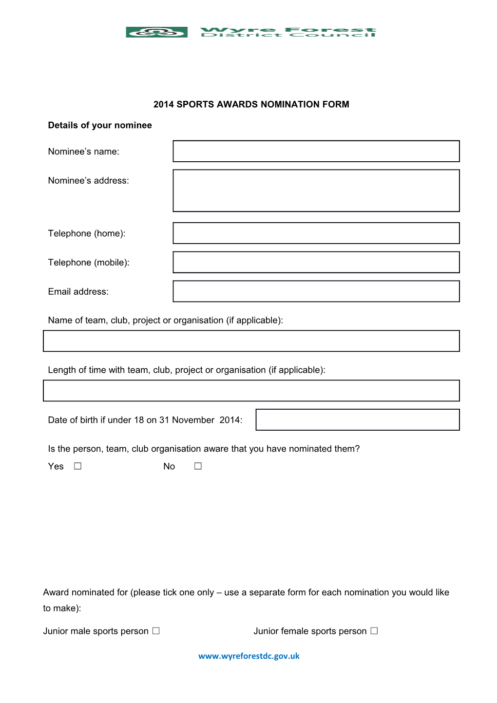 2011 Sports Awards Nomination Form