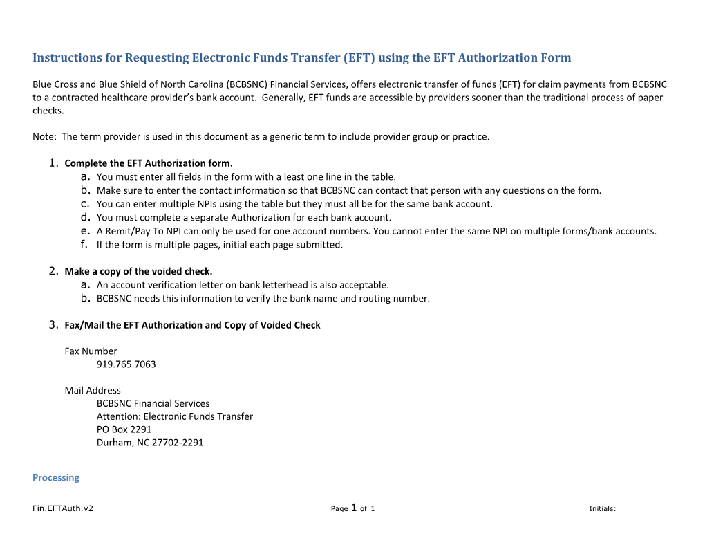 Instructions for Requesting Electronic Funds Transfer (EFT) Using the EFT Authorization Form