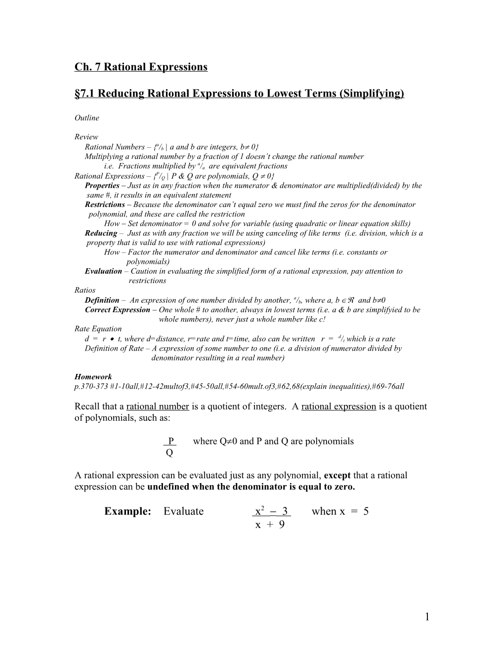 7.1 Reducing Rational Expressions to Lowest Terms (Simplifying)