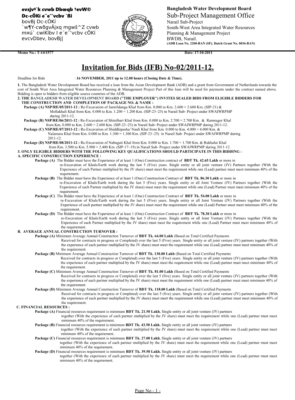 Invitation for Bids (IFB) No-02/2011-12