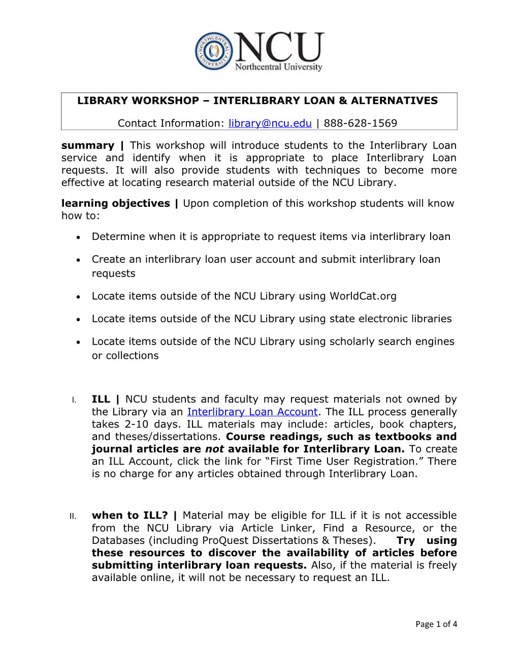 Library Workshop Interlibrary Loan & Alternatives