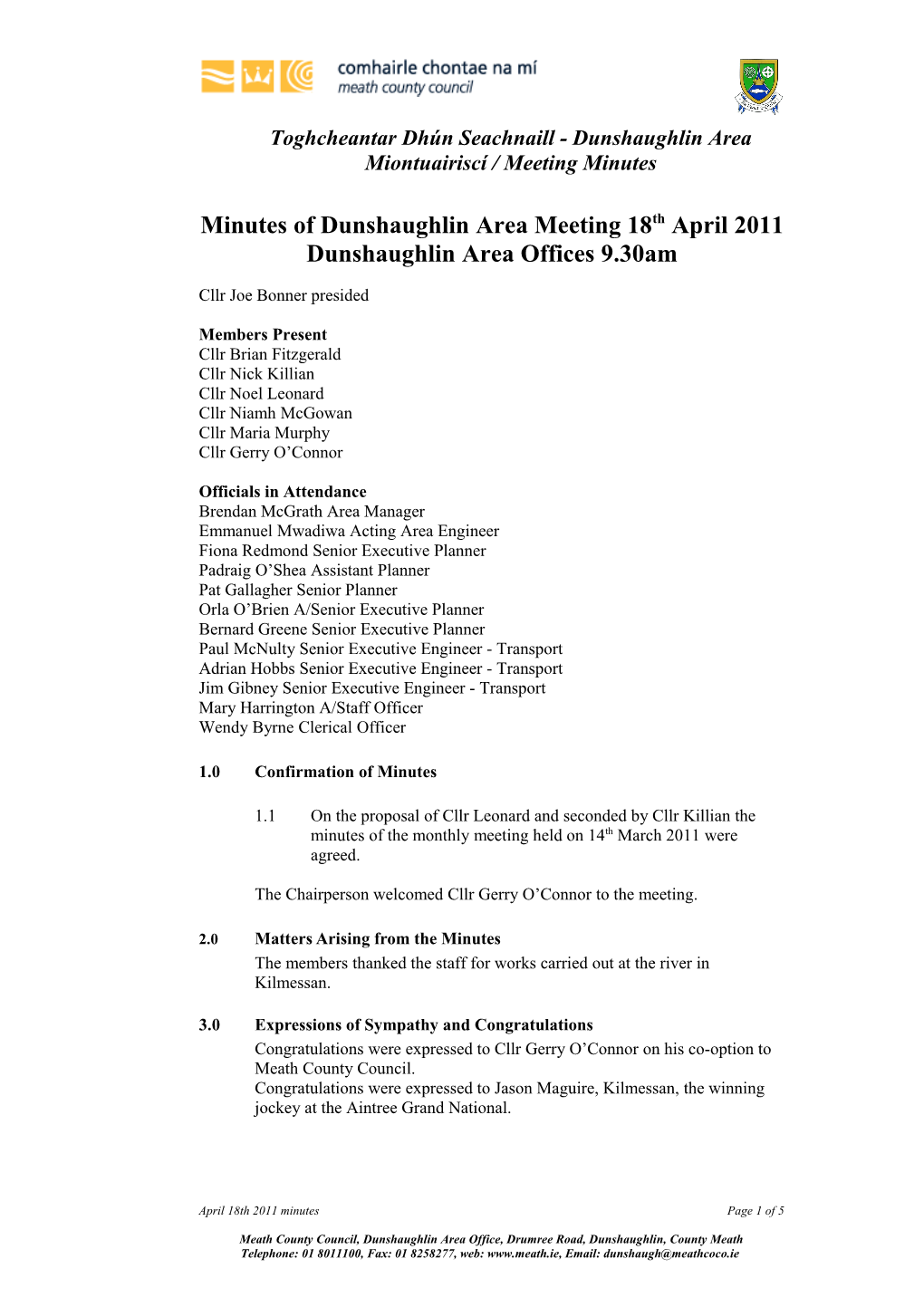 Minutes of Dunshaughlin Area Meeting 18Th April 2011