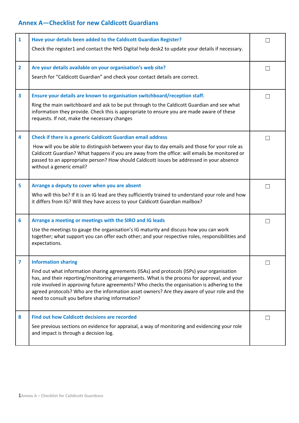 Annex a Checklist for New Caldicott Guardians