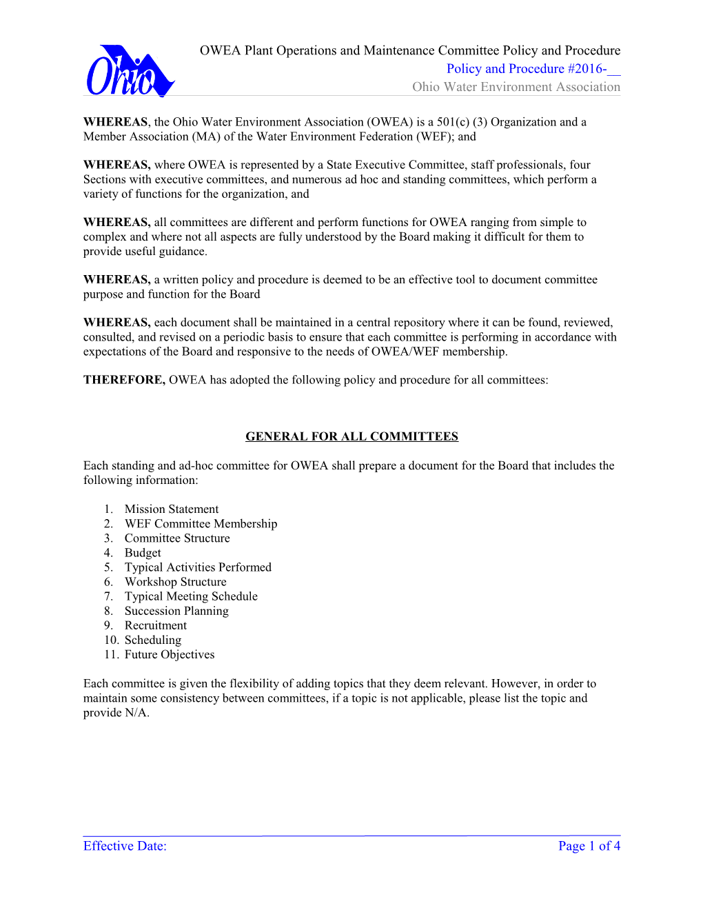 OWEA Plant Operations and Maintenance Committee Policy and Procedure