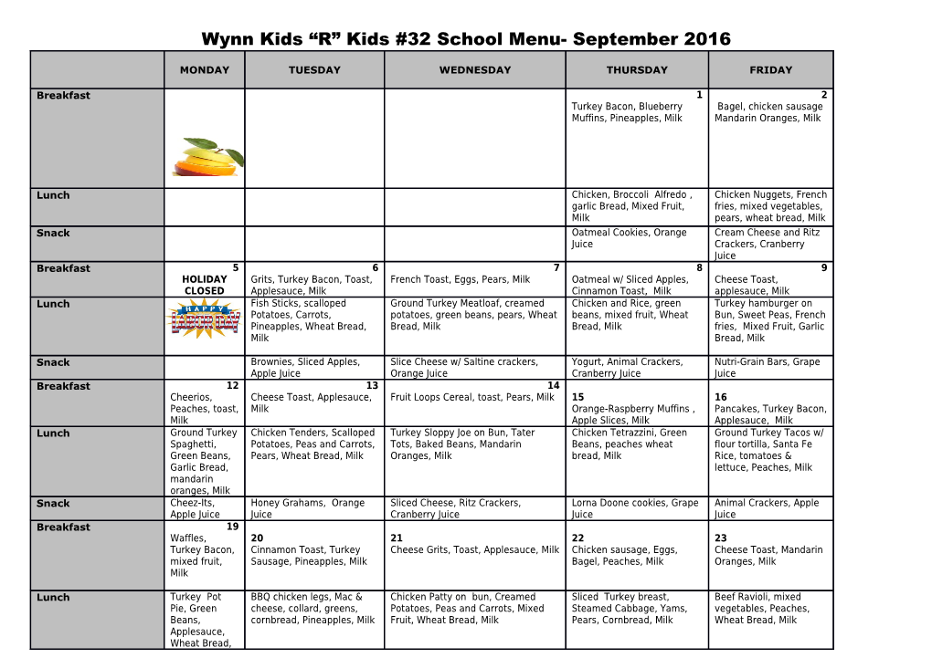 Wynn Kids R Kids #32 School Menu- September 2016