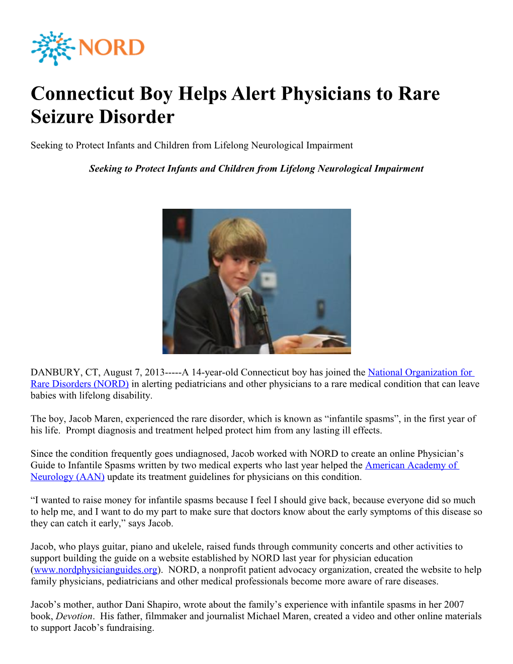 Connecticut Boy Helps Alert Physicians to Rare Seizure Disorder