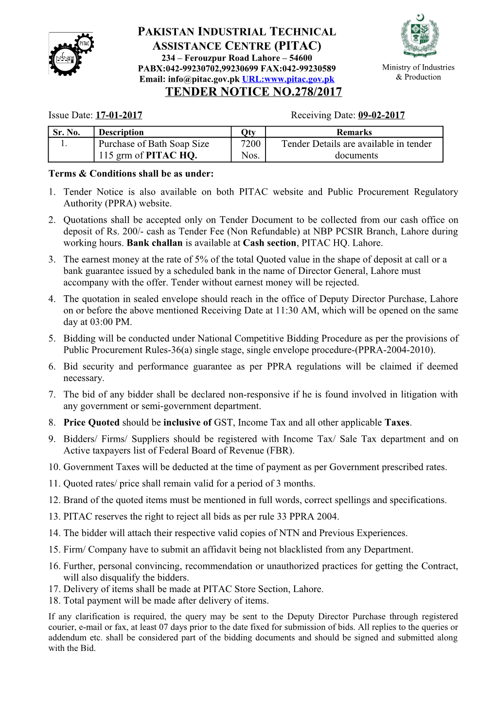 Tender Notice No.278/2017