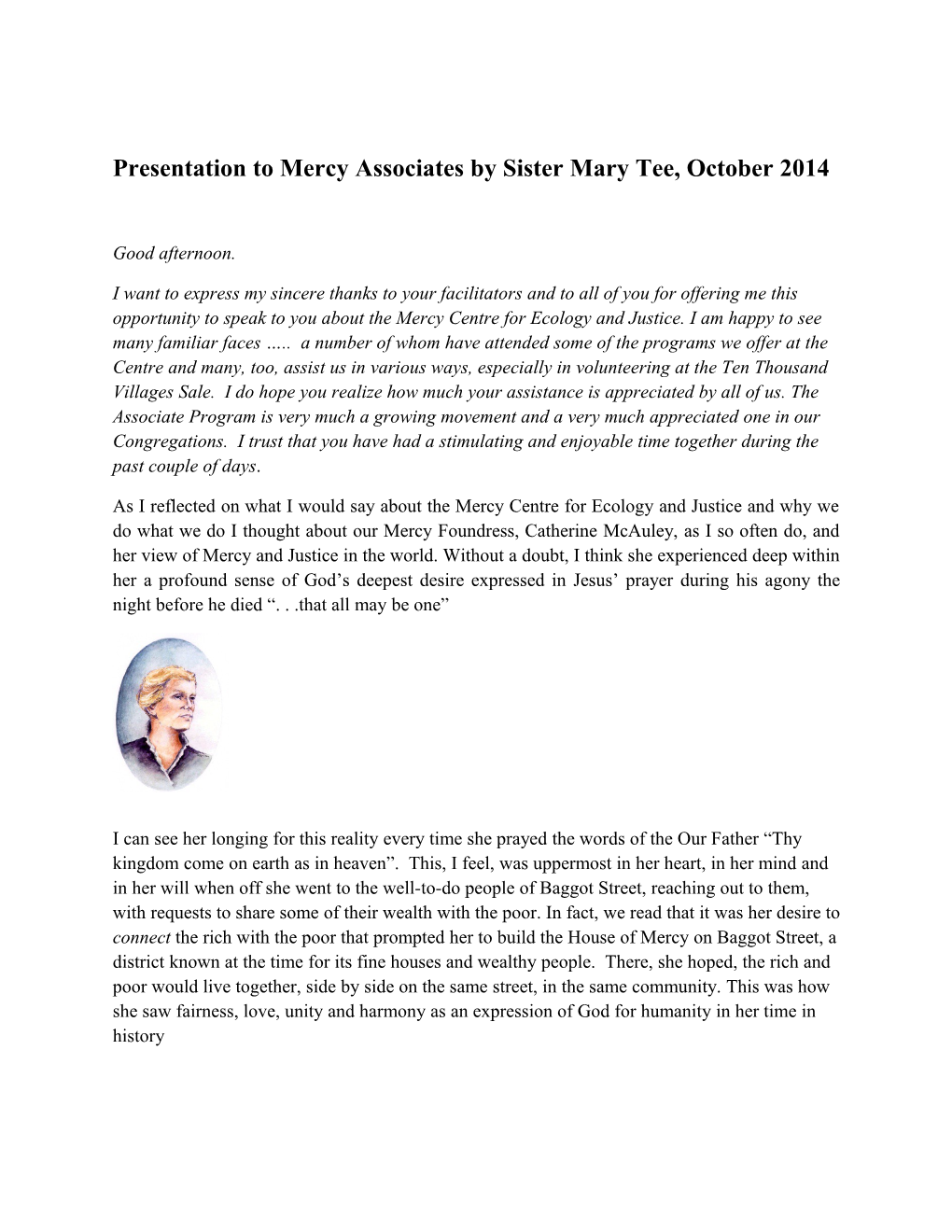 Presentation to Mercy Associates by Sister Mary Tee, October 2014