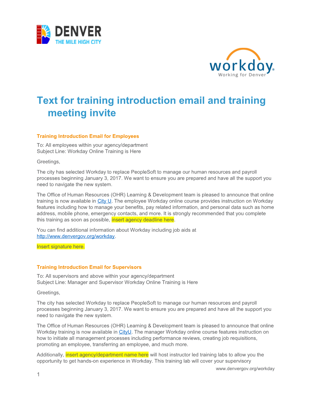 Text for Training Introduction Email and Training Meeting Invite