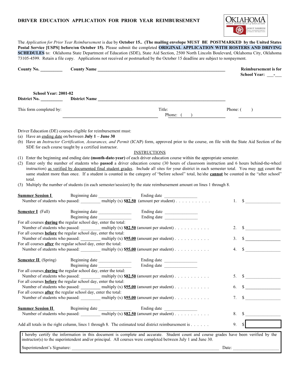 Driver Education Application for Prior Year Reimbursement