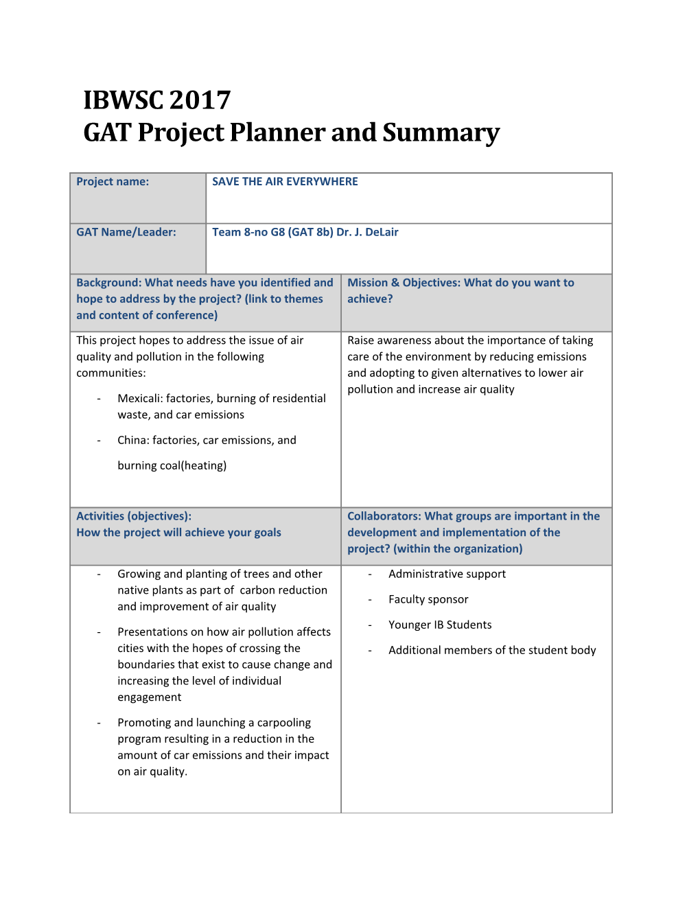 GAT Project Planner and Summary