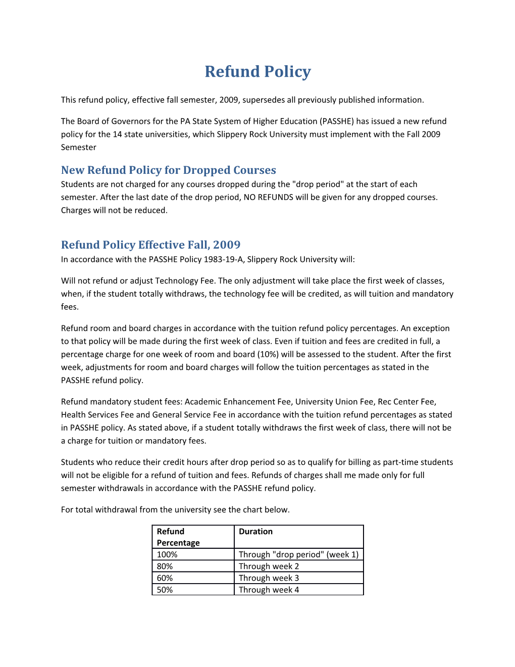 This Refund Policy, Effective Fall Semester, 2009, Supersedes All Previously Published