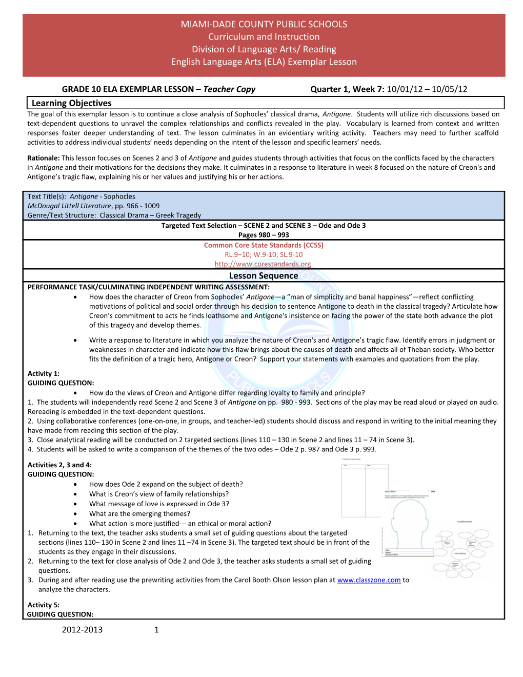 GRADE 10ELA EXEMPLAR LESSON Teacher Copy Quarter 1, Week7: 10/01/12 10/05/12