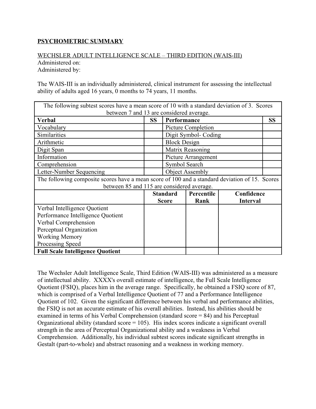 Wechsler Adult Intelligence Scale Third Edition (Wais-Iii)