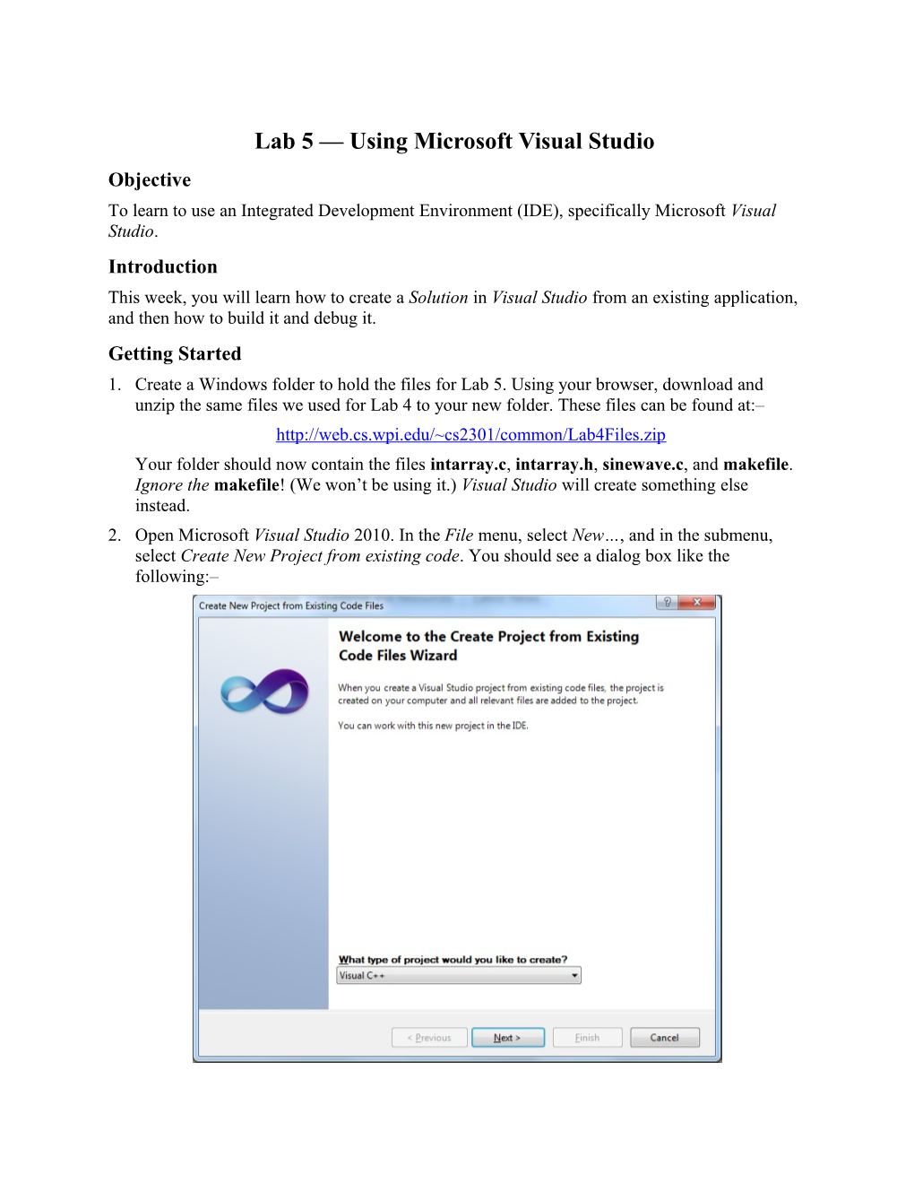 Lab Assignment #5 Using Microsoft Visual Studio