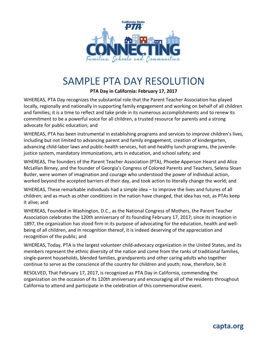 SAMPLE PTA DAY RESOLUTION PTA Day in California: February 17, 2017