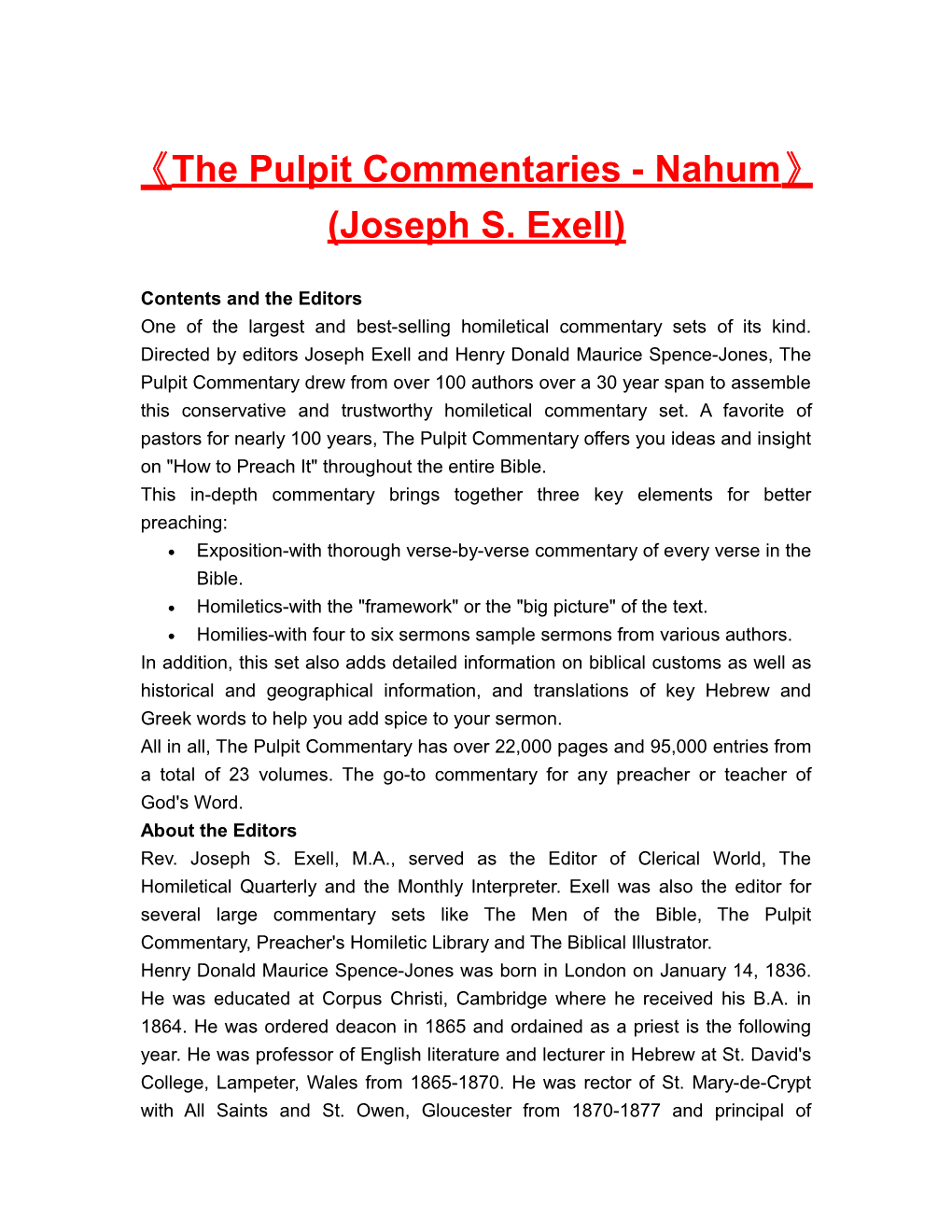 The Pulpit Commentaries- Nahum (Joseph S. Exell)