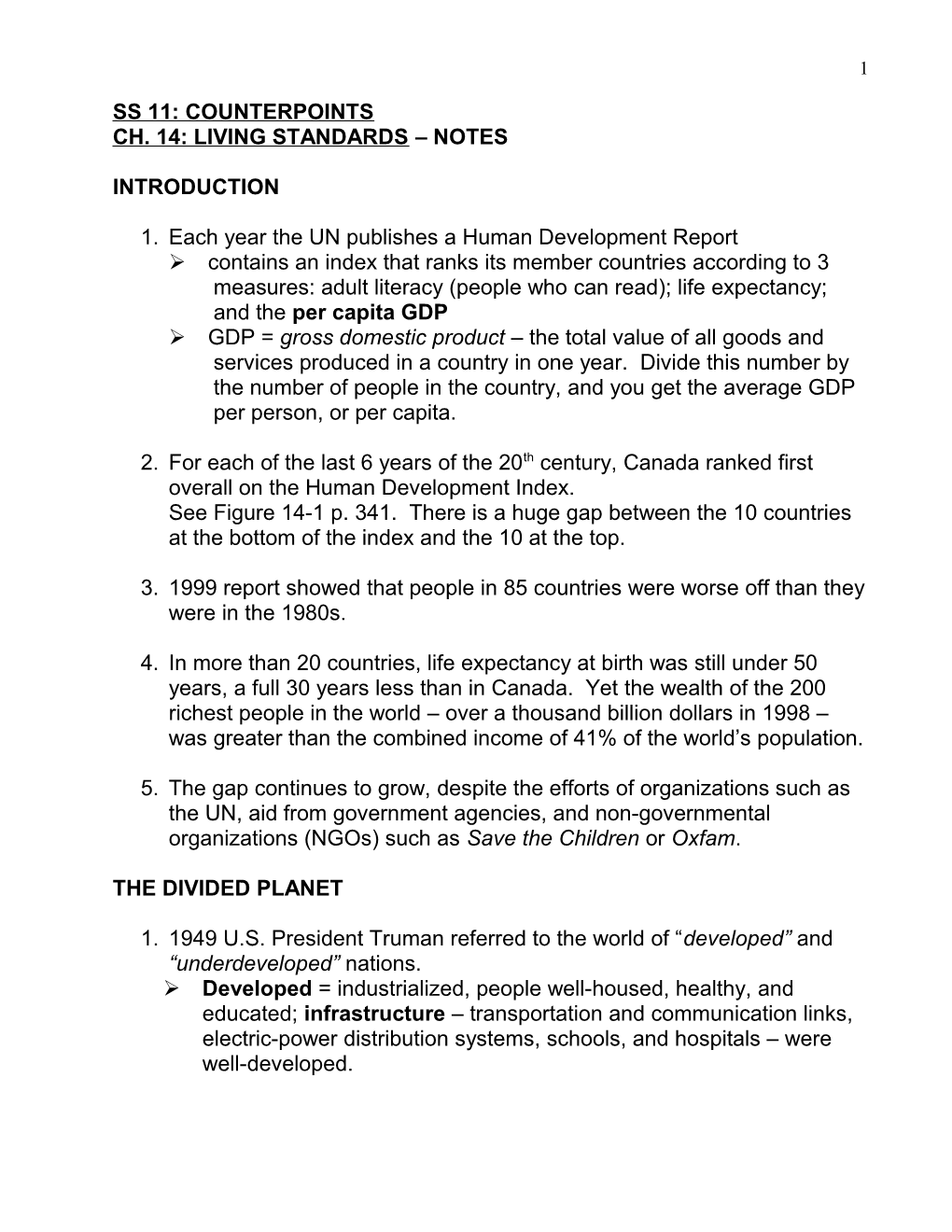 Ch. 14: Living Standards Notes