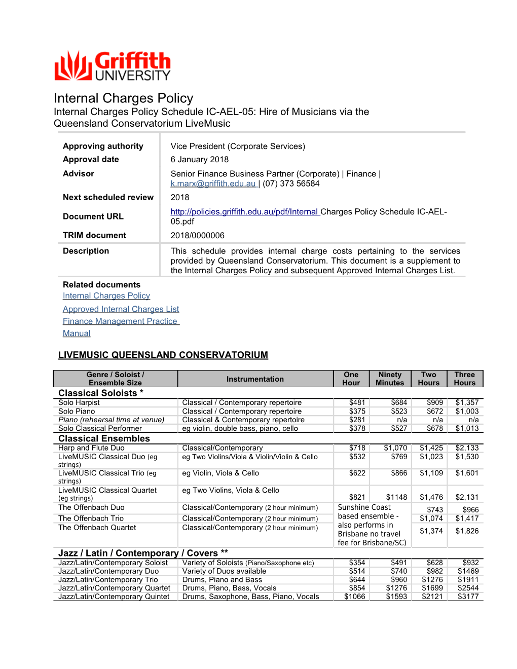 Internal Charges Policy Schedule IC-AEL-05
