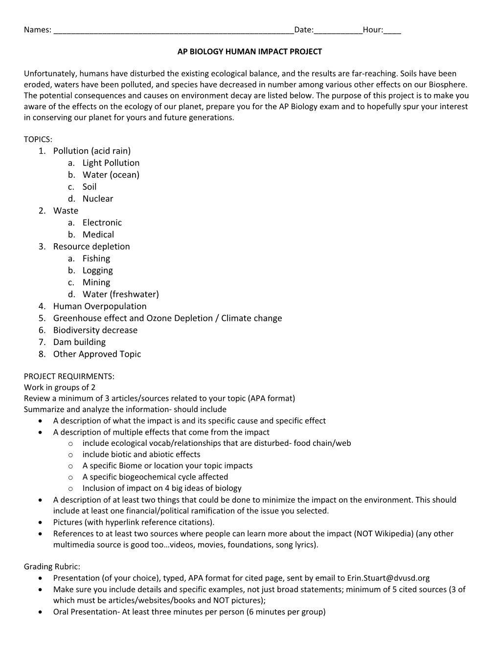 Ap Biology Human Impact Project