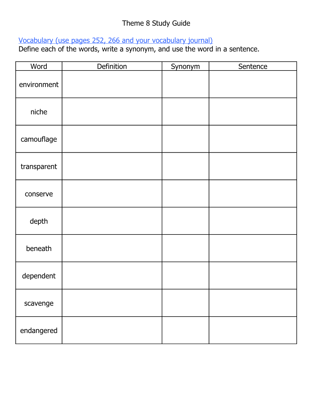 Vocabulary (Use Pages 252, 266 and Your Vocabulary Journal)