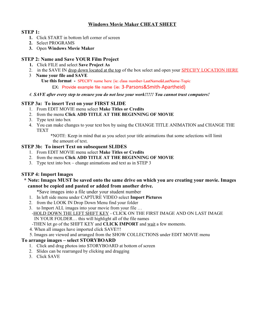 Windows Movie Maker CHEAT SHEET