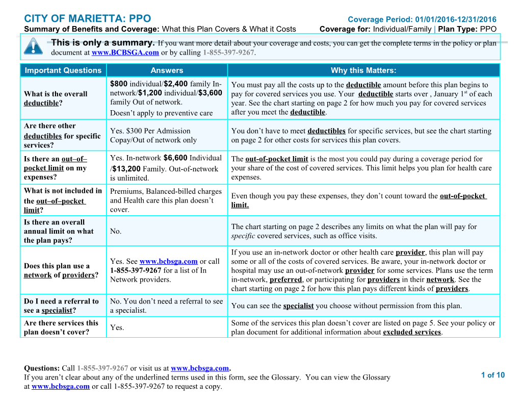 CITY of MARIETTA: Ppocoverage Period: 01/01/2016-12/31/2016