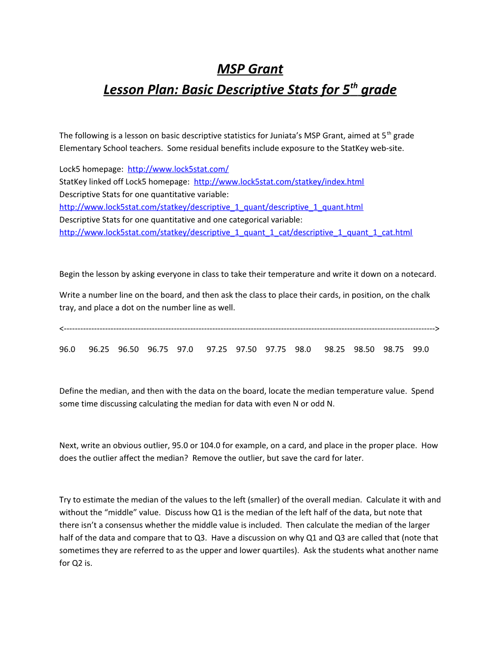 MSP Grant Lesson Plan: Basic Descriptive Stats for 5Th Grade