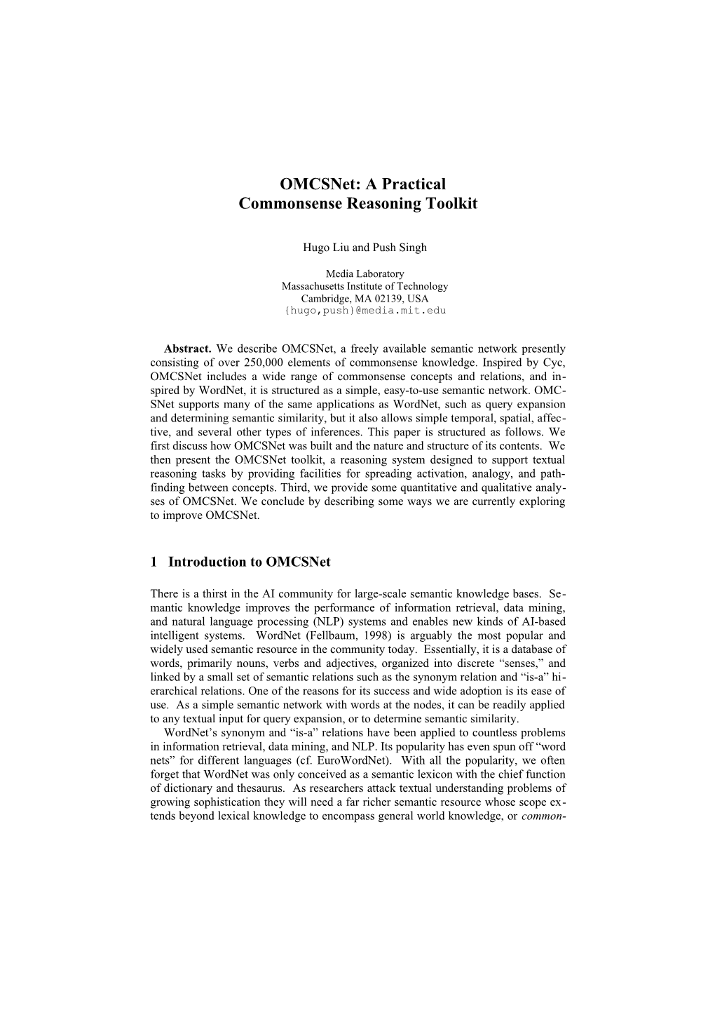 Omcsnet: a Practical Commonsense Reasoning Toolkit