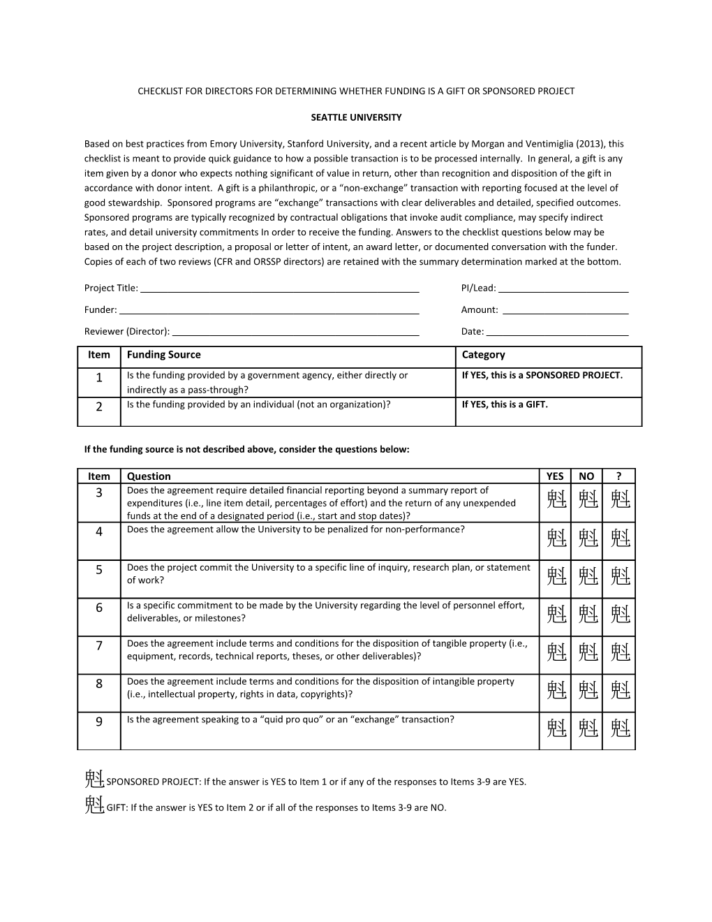 Checklist for Directors for Determining Whether Funding Is a Gift Or Sponsored Project