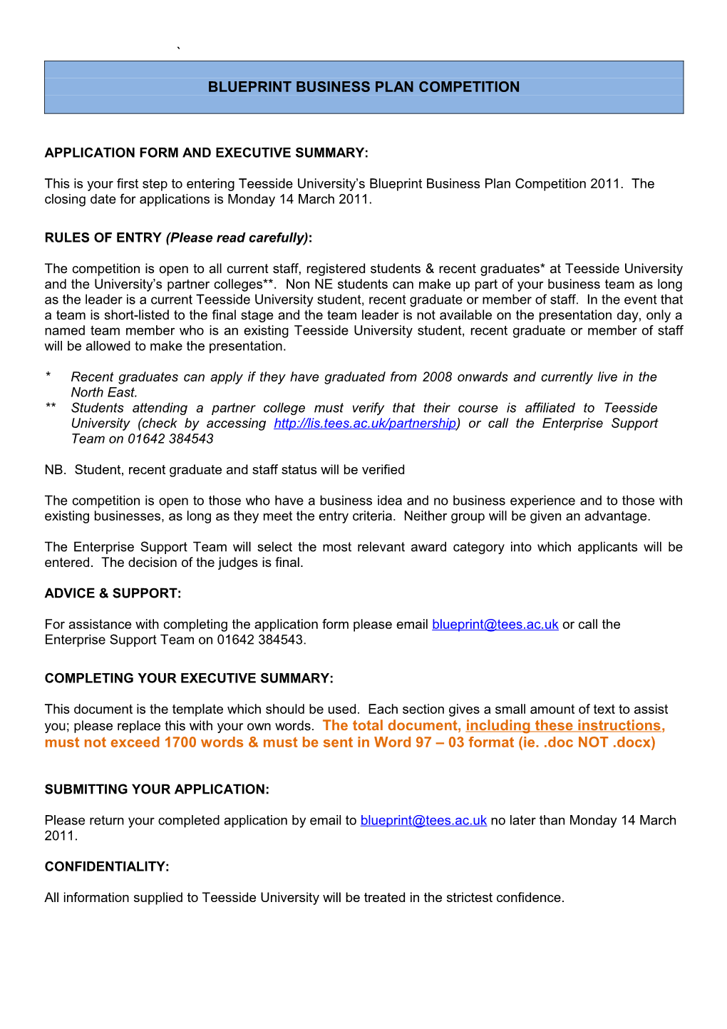 University of Teesside Business Plan Competition