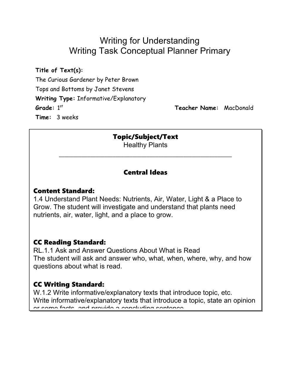 Writing Task Conceptual Planner Primary
