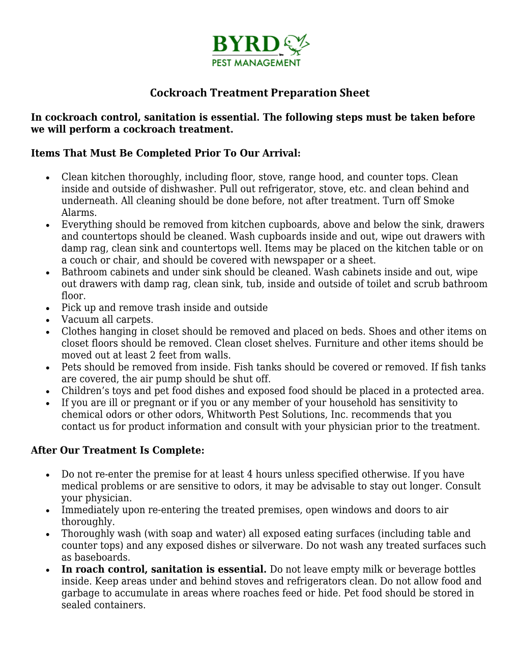 Cockroach Treatment Preparation Sheet