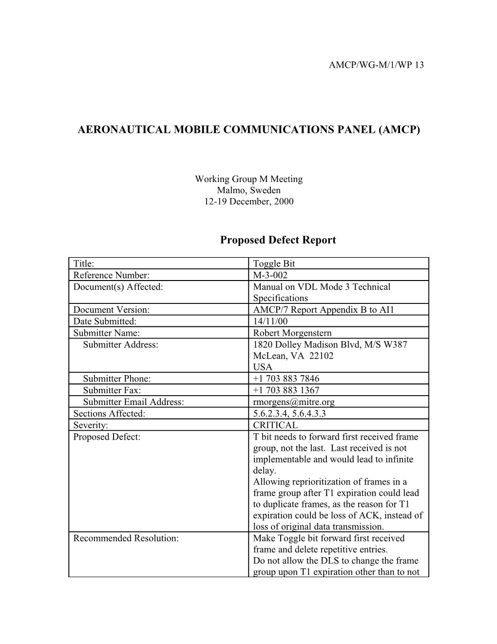 VDL Mode 3 Proposed Defect Report, Ref # M-3-002, Toggle Bit