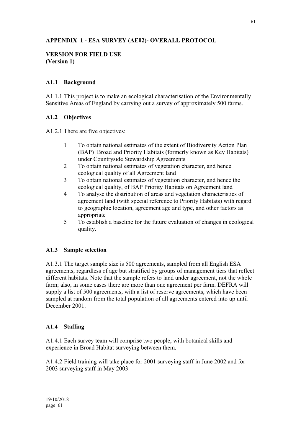 Appendix 1 - Esa Survey (Ae02)- Overall Protocol