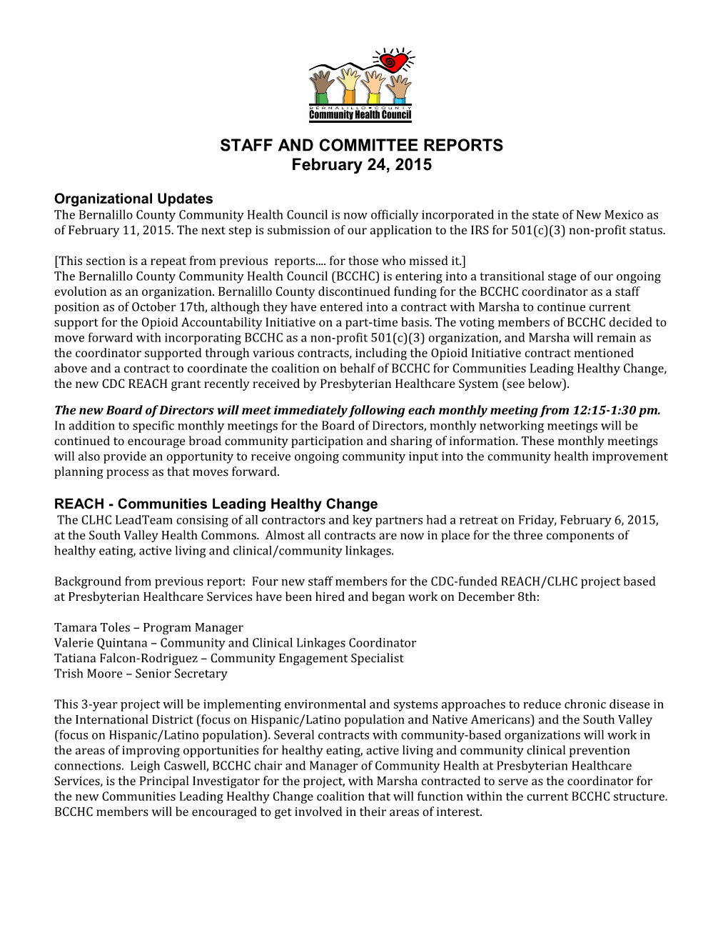 STAFF and COMMITTEE REPORTS February 24, 2015