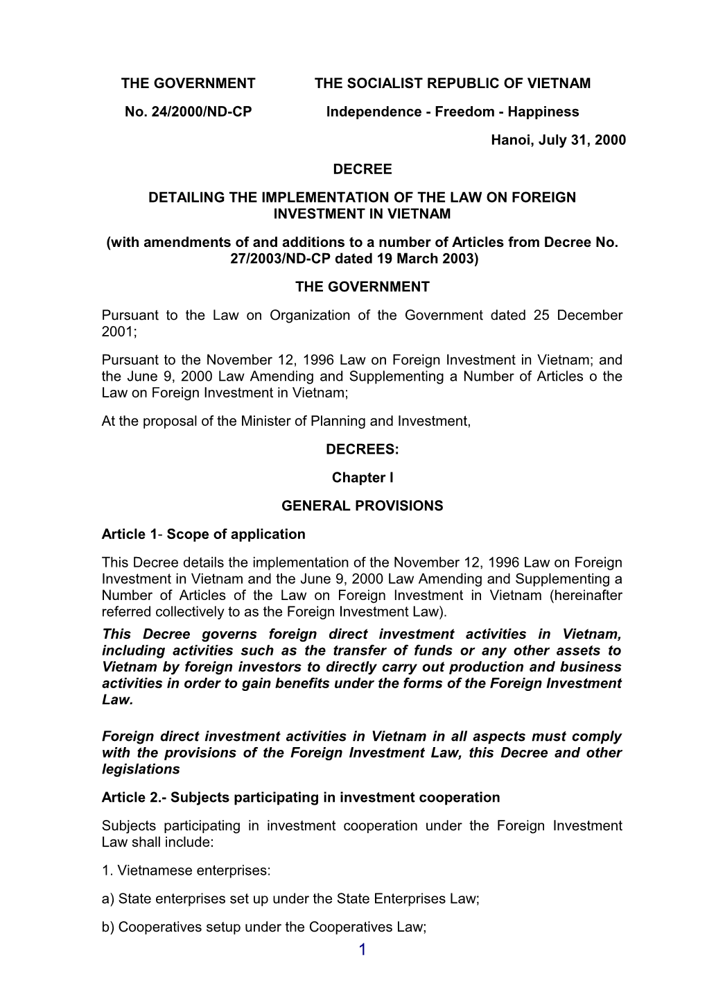 Detailing the Implementation of the Law on Foreign Investment in Vietnam