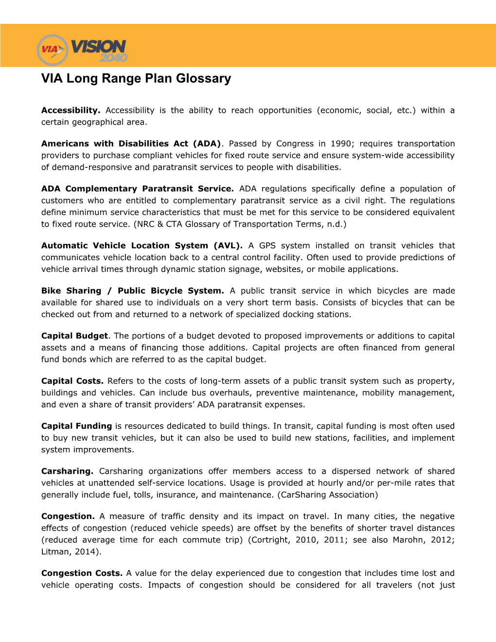 VIA Long Range Plan Glossary