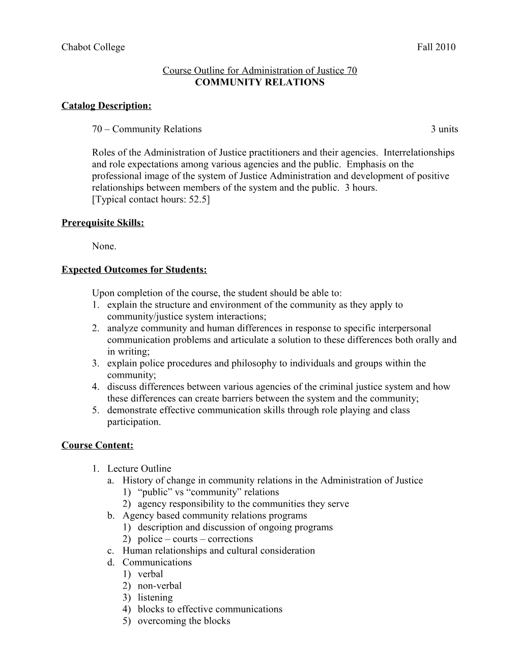 Course Outline for Administration of Justice 70