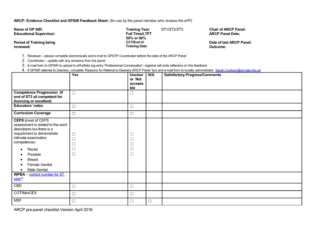 ARCP: Evidence Checklist and Gpstr Feedback Sheet: (For Use by the Panel Member Who Reviews