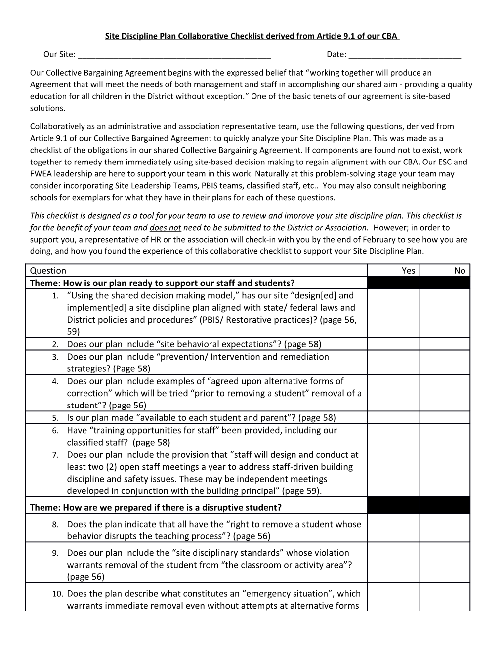 Site Discipline Plan Collaborative Checklist Derived from Article 9.1 of Our CBA