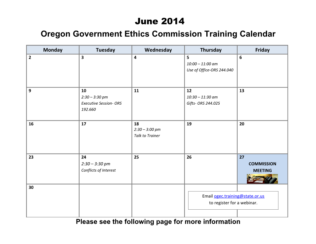 Oregon Government Ethics Commission Training Calendar